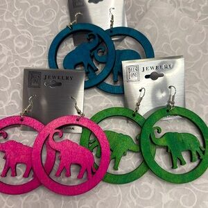 3 Pairs Elephant Wooden Earrings